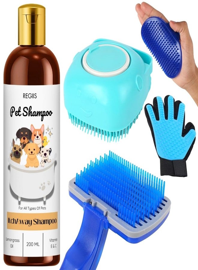 REGIIS Pet Grooming Kit, 200ml Itch Away Shampoo with Bath Brush, Slicker Brush, Scrubber and Massage Glove, for All Pets - Image 1